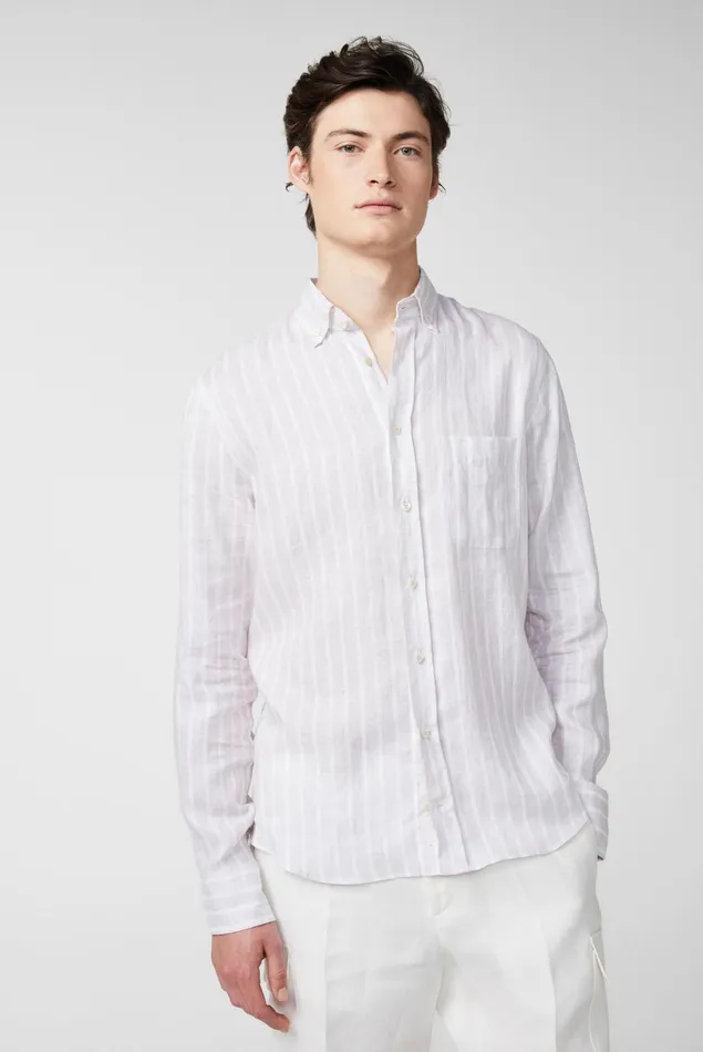 Van Laack Linen Shirts Men Linen Buttondown Hem With Stripe Print Beige