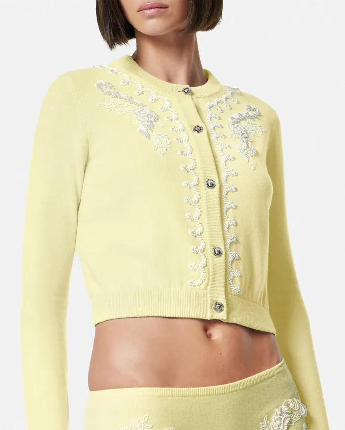 Versace Knitwear Embroidered Cashmere Knit Cardigan Yellow 8211 Women Versace Knitwear Embroidered Cashmere Knit Cardigan Yellow 8211 Women