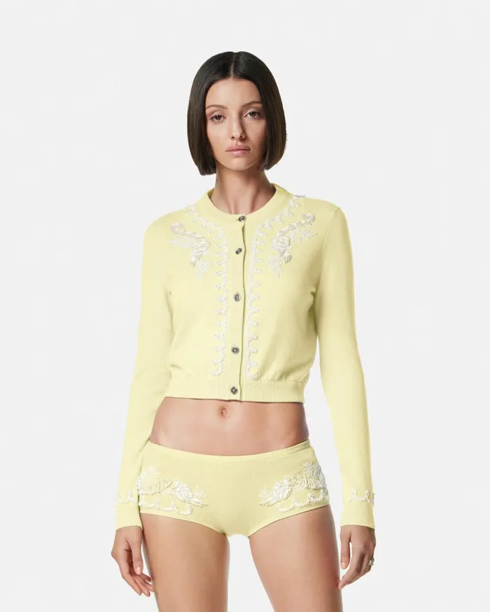 Versace Knitwear Embroidered Cashmere Knit Cardigan Yellow 8211 Women Versace Knitwear Embroidered Cashmere Knit Cardigan Yellow 8211 Women