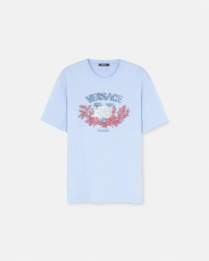Versace TShirts and Polos Embroidered University Coral TShirt Light Blue 8211 Men