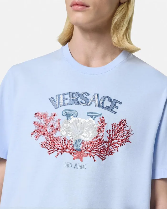 Versace TShirts and Polos Embroidered University Coral TShirt Light Blue 8211 Men Versace TShirts and Polos Embroidered University Coral TShirt Light Blue 8211 Men
