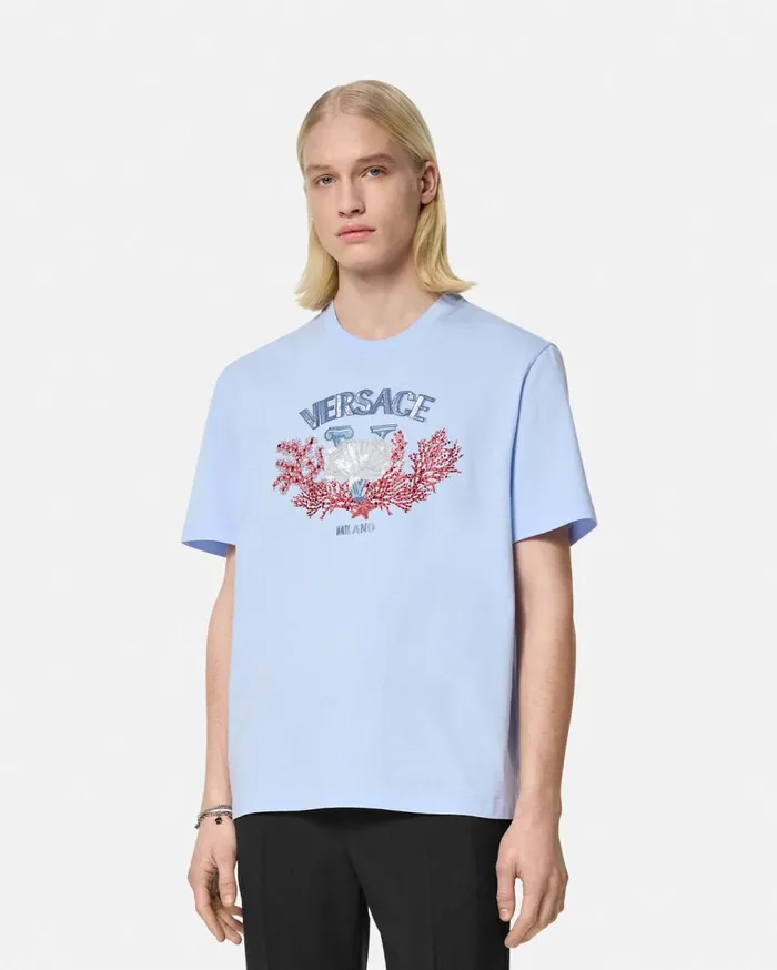 Versace TShirts and Polos Embroidered University Coral TShirt Light Blue 8211 Men Versace TShirts and Polos Embroidered University Coral TShirt Light Blue 8211 Men
