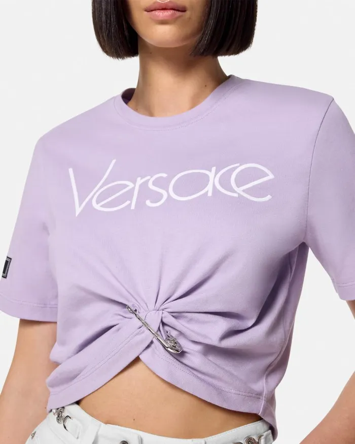 Versace TShirts and Sweatshirts Safety Pin Crop Logo TShirt Lilac 8211 Women Versace TShirts and Sweatshirts Safety Pin Crop Logo TShirt Lilac 8211 Women