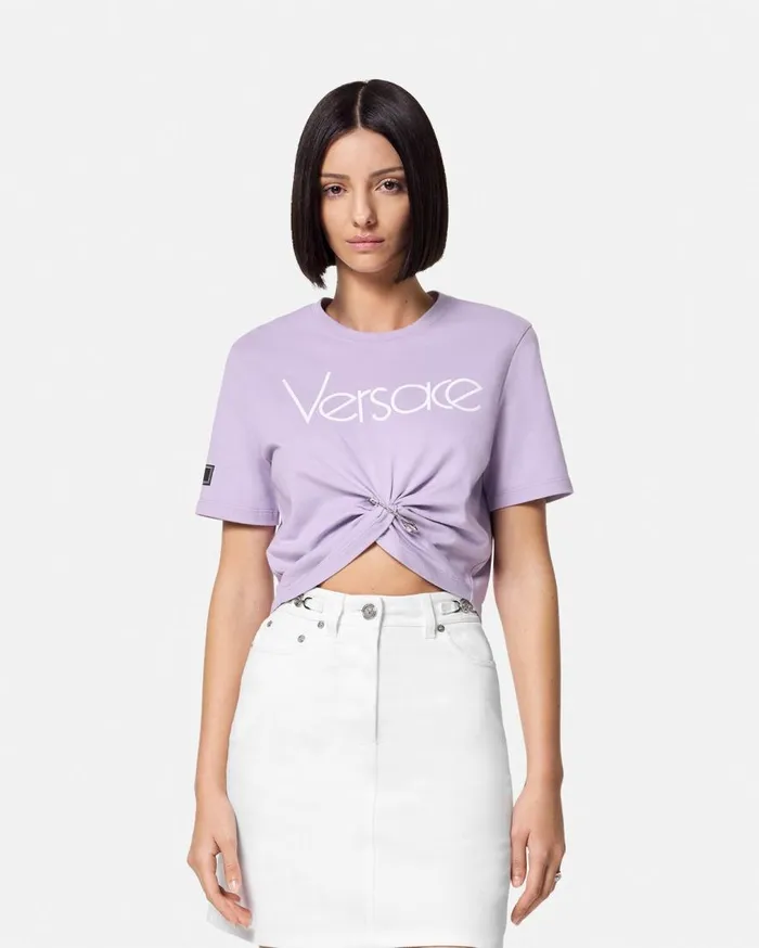 Versace TShirts and Sweatshirts Safety Pin Crop Logo TShirt Lilac 8211 Women Versace TShirts and Sweatshirts Safety Pin Crop Logo TShirt Lilac 8211 Women
