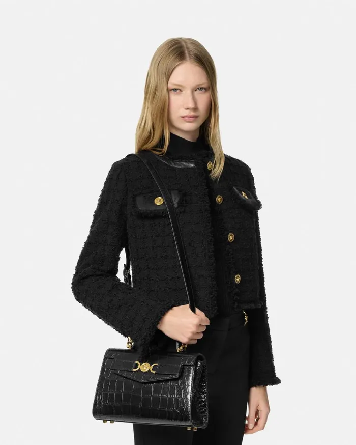 Versace Top Handle CrocEffect Medusa 03995 Handbag Blackgold 8211 Women Versace Top Handle CrocEffect Medusa 03995 Handbag Blackgold 8211 Women