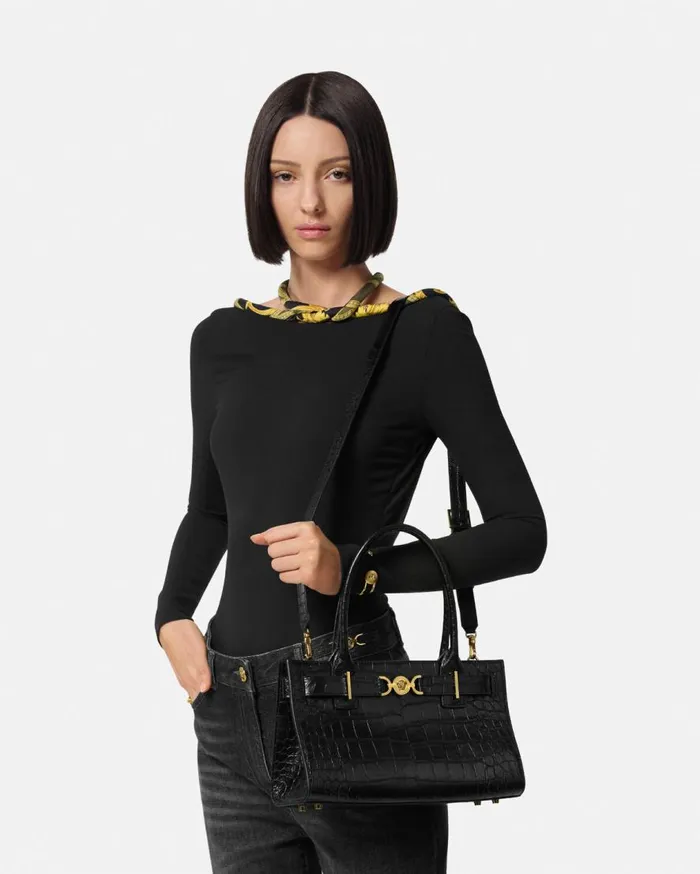 Versace Totes CrocEffect Medusa 03995 Tote Bag Blackgold 8211 Women Versace Totes CrocEffect Medusa 03995 Tote Bag Blackgold 8211 Women