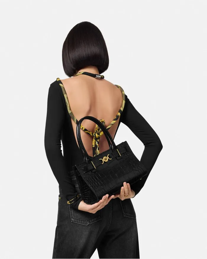 Versace Totes CrocEffect Medusa 03995 Tote Bag Blackgold 8211 Women Versace Totes CrocEffect Medusa 03995 Tote Bag Blackgold 8211 Women
