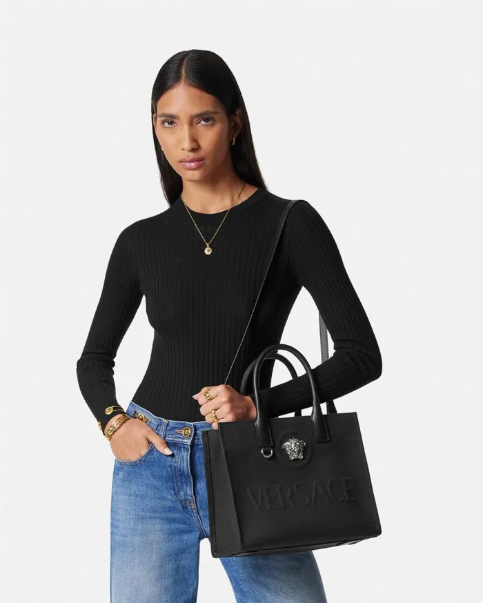 Versace Totes La Medusa Canvas Small Tote Bag Blacksilver 8211 Women Versace Totes La Medusa Canvas Small Tote Bag Blacksilver 8211 Women