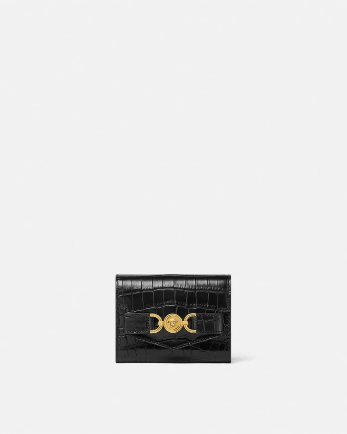 Versace Wallets CrocEffect Medusa 03995 Trifold Wallet Blackgold 8211 Women