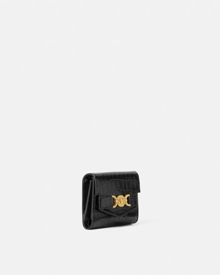 Versace Wallets CrocEffect Medusa 03995 Trifold Wallet Blackgold 8211 Women Versace Wallets CrocEffect Medusa 03995 Trifold Wallet Blackgold 8211 Women
