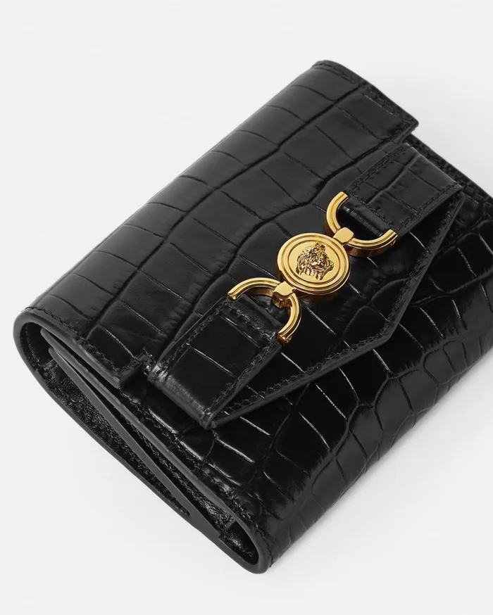Versace Wallets CrocEffect Medusa 03995 Trifold Wallet Blackgold 8211 Women Versace Wallets CrocEffect Medusa 03995 Trifold Wallet Blackgold 8211 Women