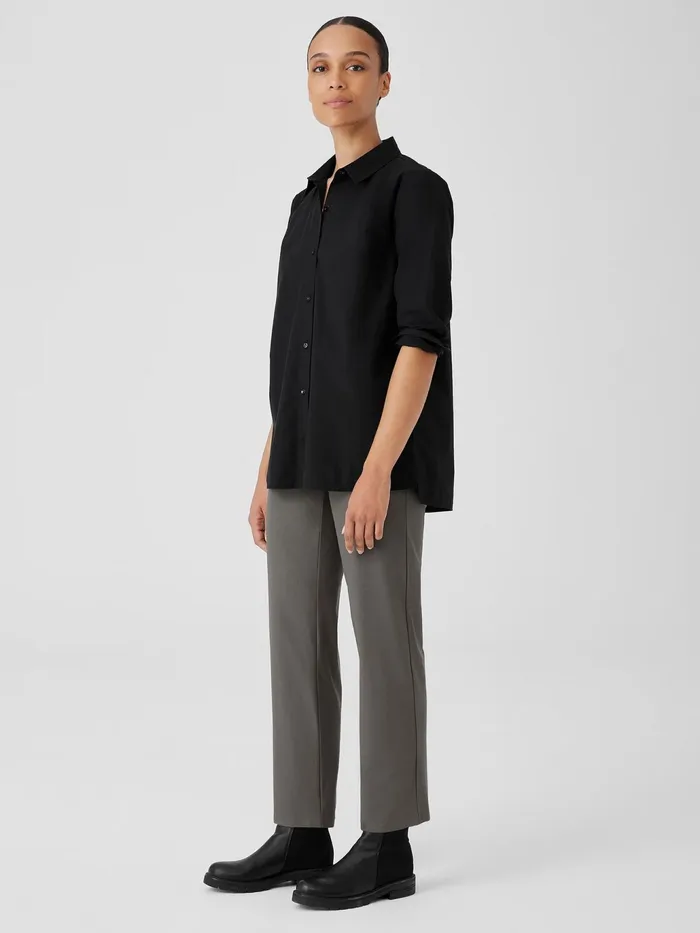 Washed Organic Cotton Poplin Classic Collar Long Shirt Black Women Eileen Fisher Tops and Tees