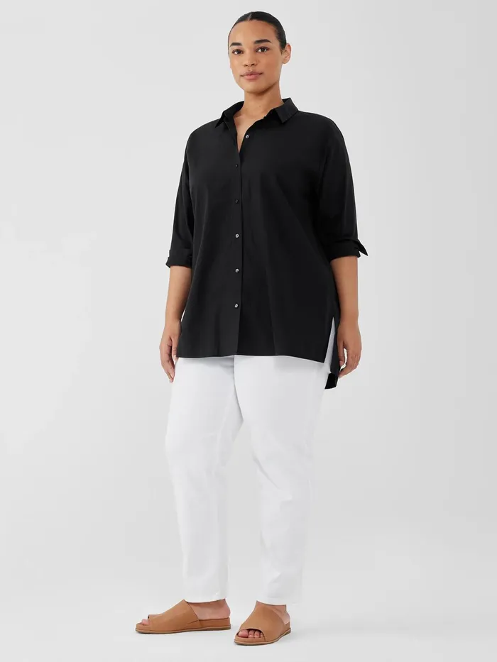 Washed Organic Cotton Poplin Classic Collar Long Shirt Black Women Eileen Fisher Tops and Tees