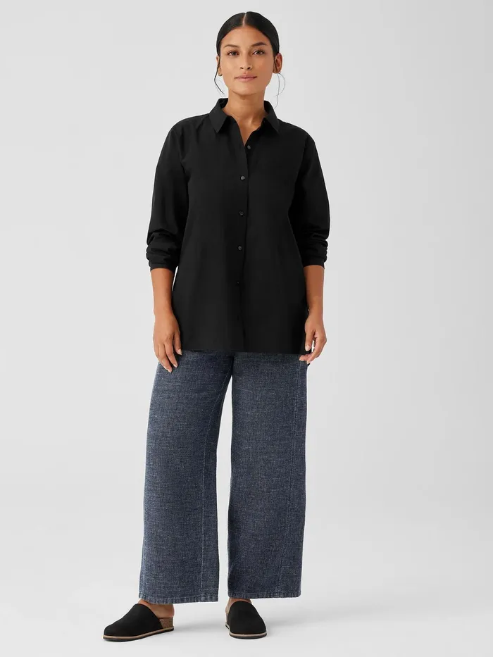 Washed Organic Cotton Poplin Classic Collar Long Shirt Black Women Eileen Fisher Tops and Tees