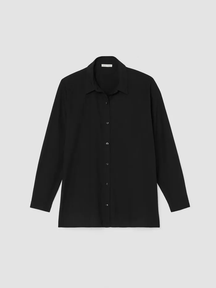 Washed Organic Cotton Poplin Classic Collar Long Shirt Black Women Eileen Fisher Tops and Tees