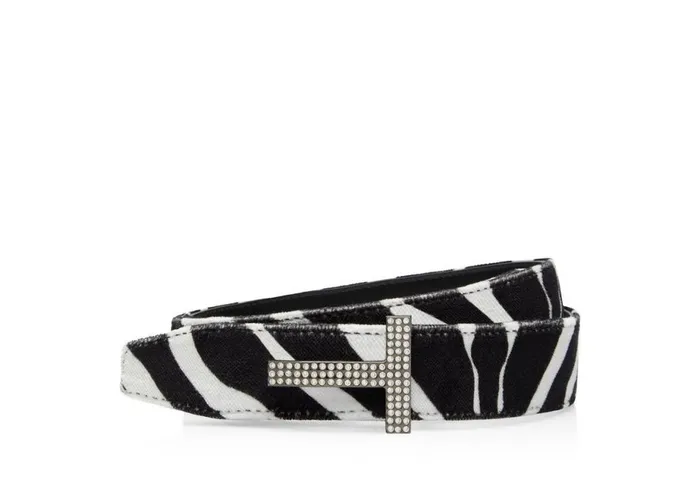 Women Belts Tom Ford Zebra Print Velvet And Crystal Stones T Belt Blackwhite