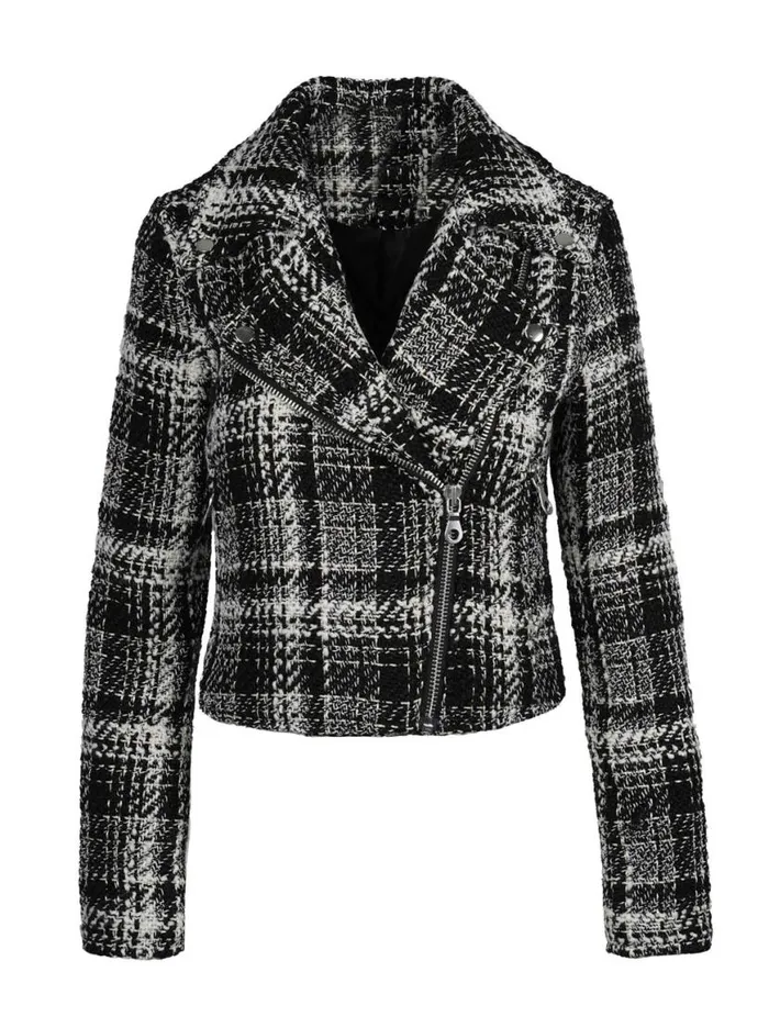 Women Biker Jacket In Black and White Tweed Jessica Simpson Jackets Blazers and Kimonos