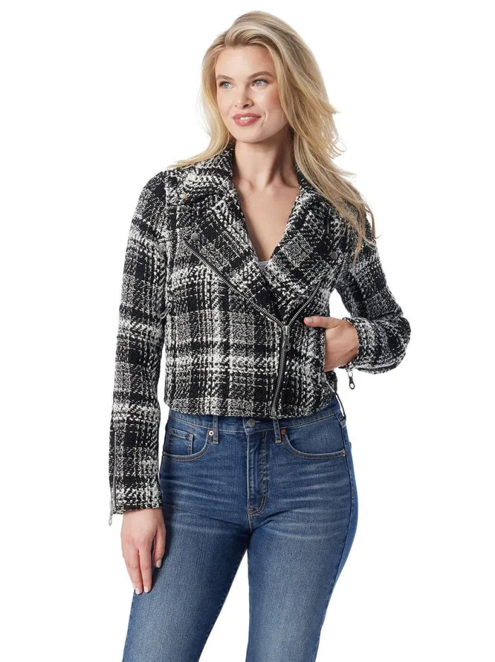 Women Biker Jacket In Black and White Tweed Jessica Simpson Jackets Blazers and Kimonos