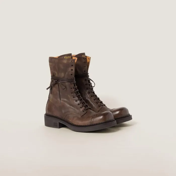 Women Boots And Ankle Boots Miu Miu Leather Laced Booties Cocoa Brown