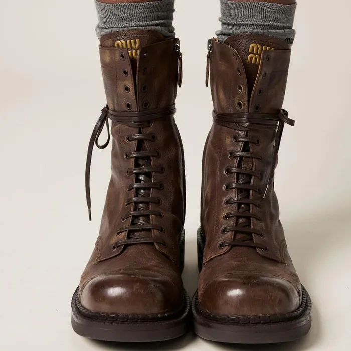 Women Boots And Ankle Boots Miu Miu Leather Laced Booties Cocoa Brown Women Boots And Ankle Boots Miu Miu Leather Laced Booties Cocoa Brown