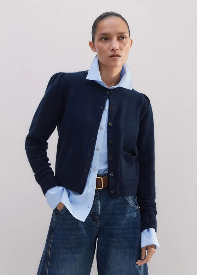 Women Cashmere Pouf Sleeve Cardigan Navy MEEM