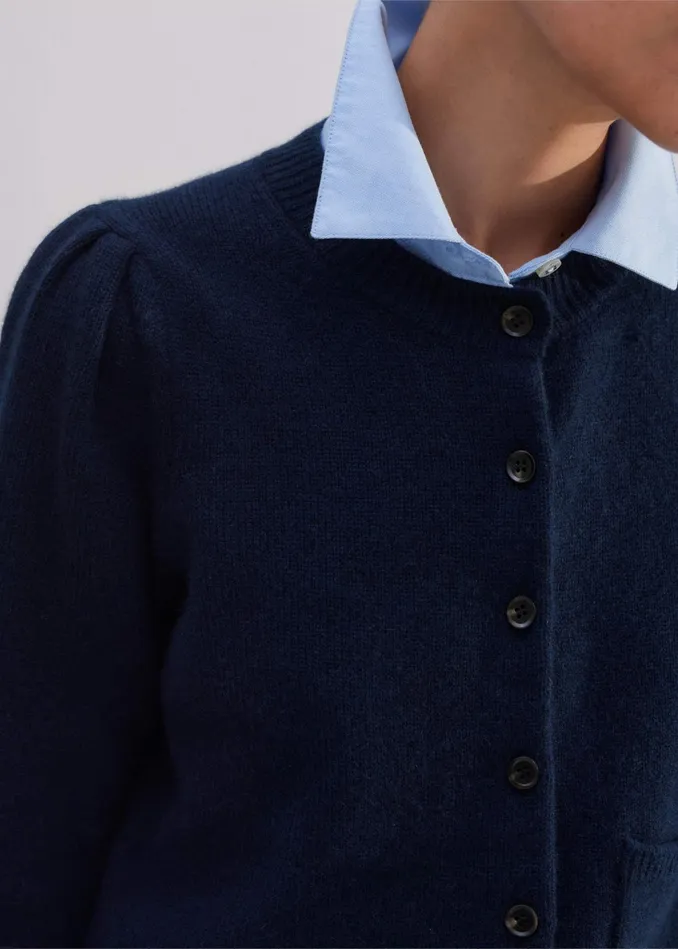 Women Cashmere Pouf Sleeve Cardigan Navy MEEM