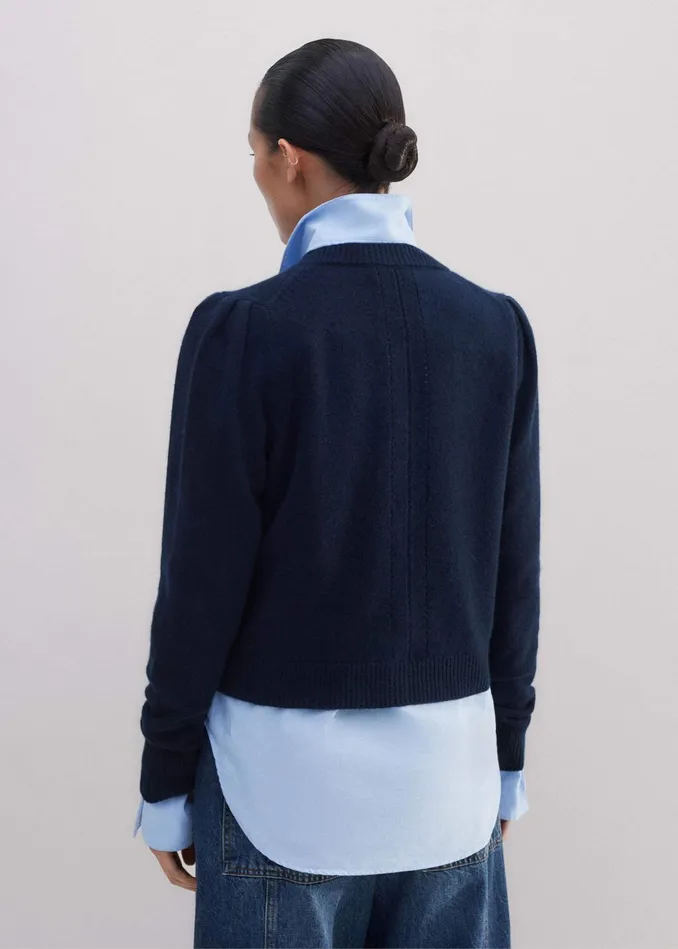 Women Cashmere Pouf Sleeve Cardigan Navy MEEM