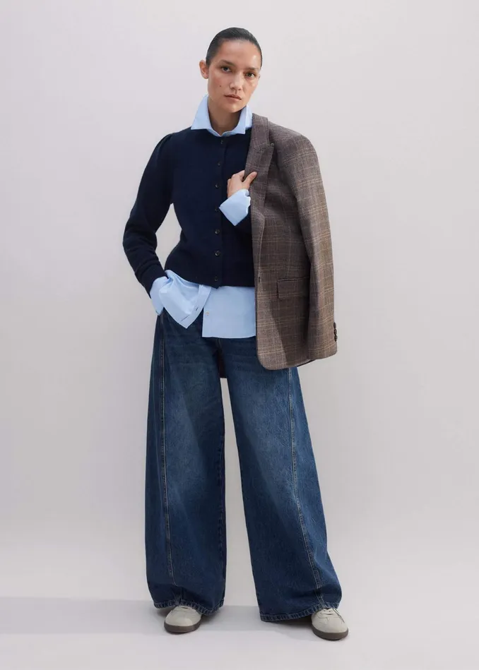 Women Cashmere Pouf Sleeve Cardigan Navy MEEM