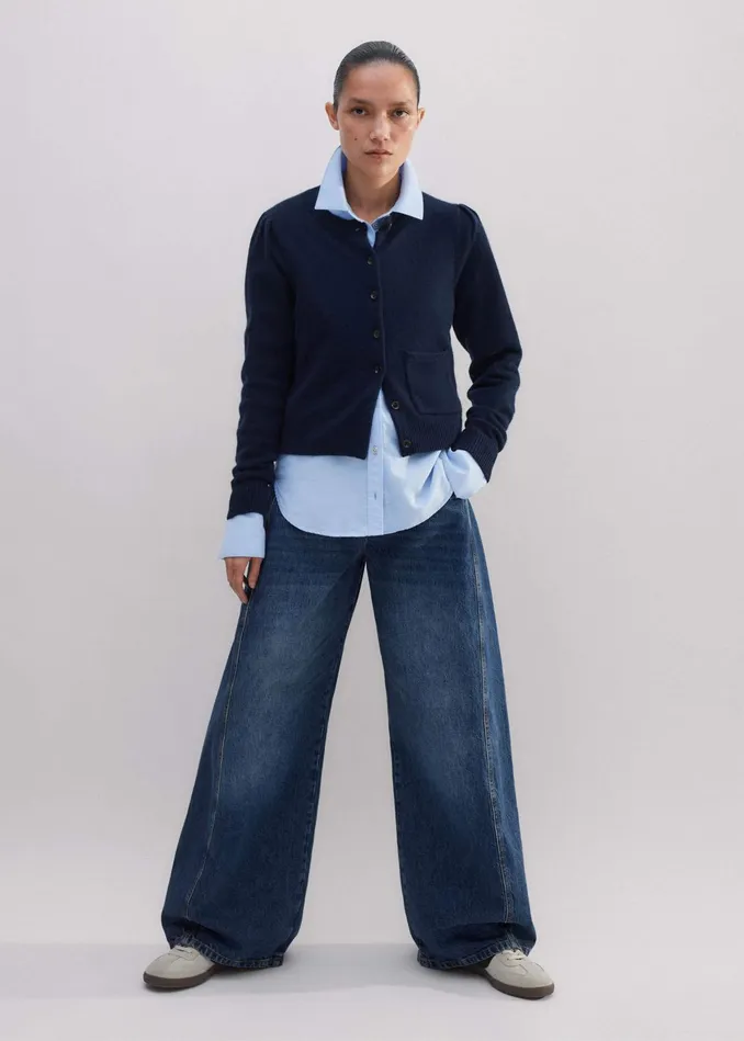 Women Cashmere Pouf Sleeve Cardigan Navy MEEM