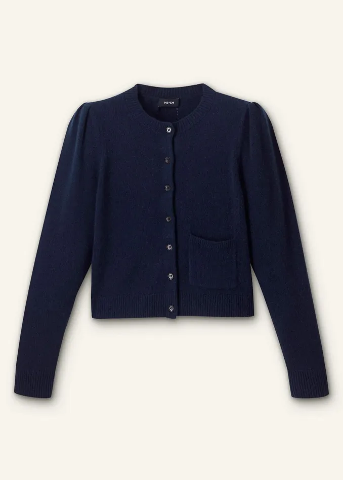 Women Cashmere Pouf Sleeve Cardigan Navy MEEM