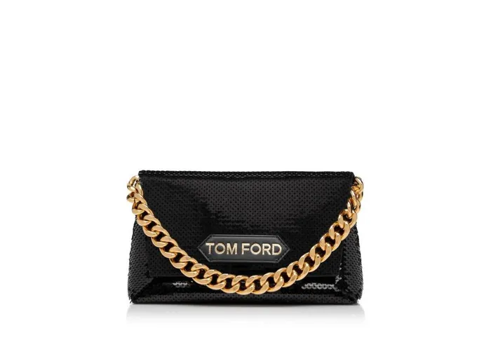 Women Clutches Tom Ford Sequin Embroidery Label Mini Chain Bag Black