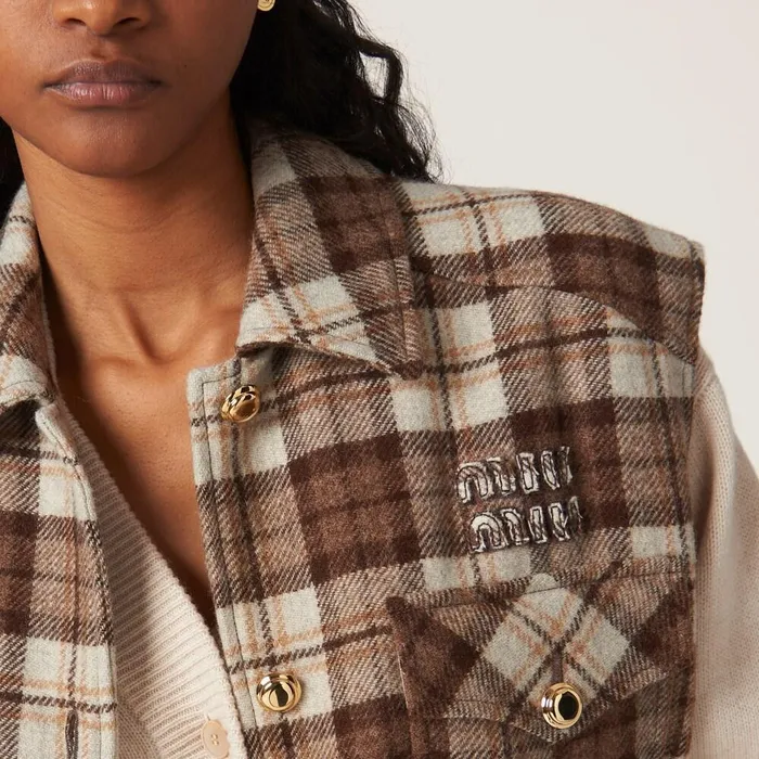 Women Coats And Jackets Miu Miu Check Blouson Vest Cocoa Brown Women Coats And Jackets Miu Miu Check Blouson Vest Cocoa Brown