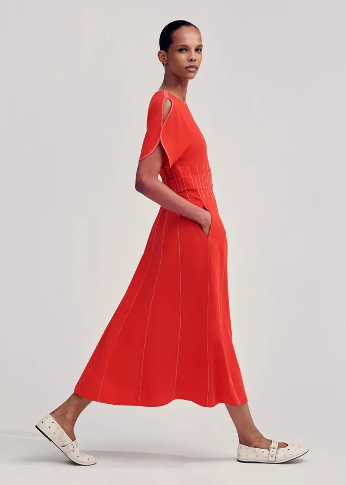 Women Contrast Stitch Midi Dress Poppy Redcream MEEM