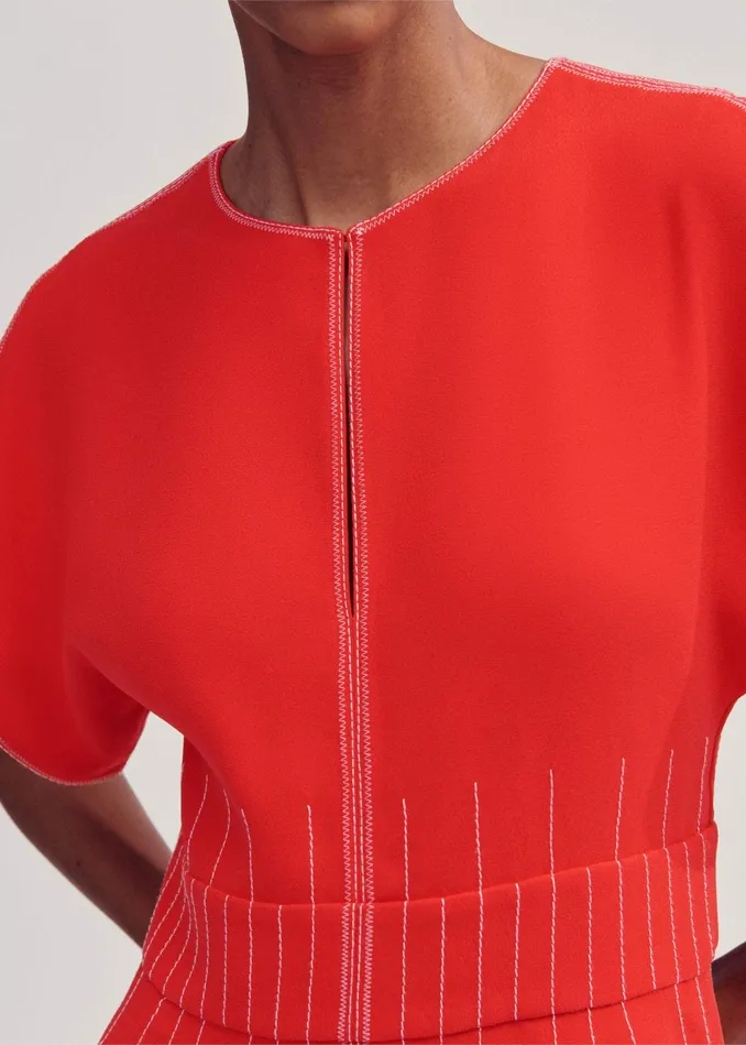 Women Contrast Stitch Midi Dress Poppy Redcream MEEM