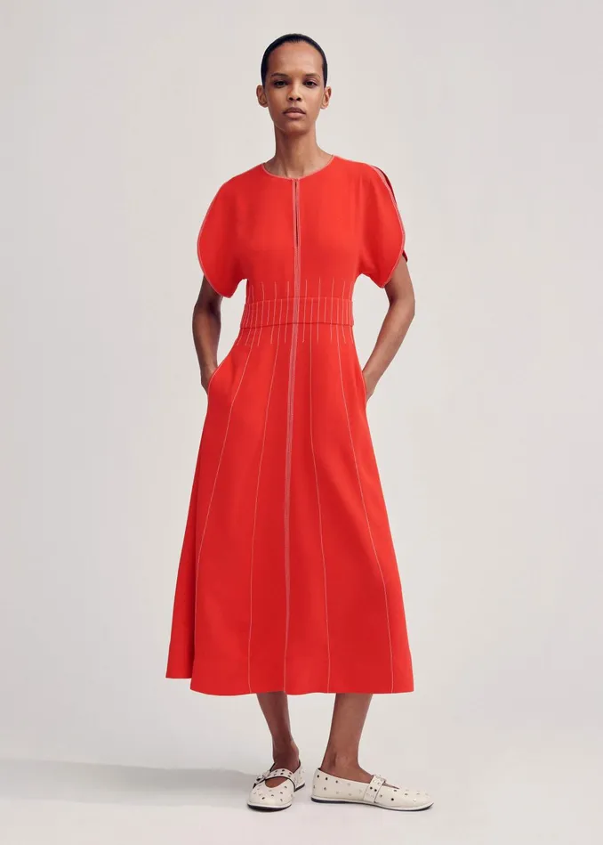 Women Contrast Stitch Midi Dress Poppy Redcream MEEM
