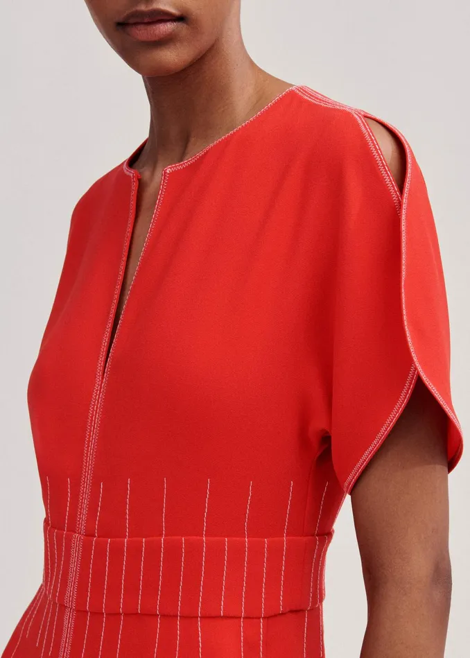 Women Contrast Stitch Midi Dress Poppy Redcream MEEM