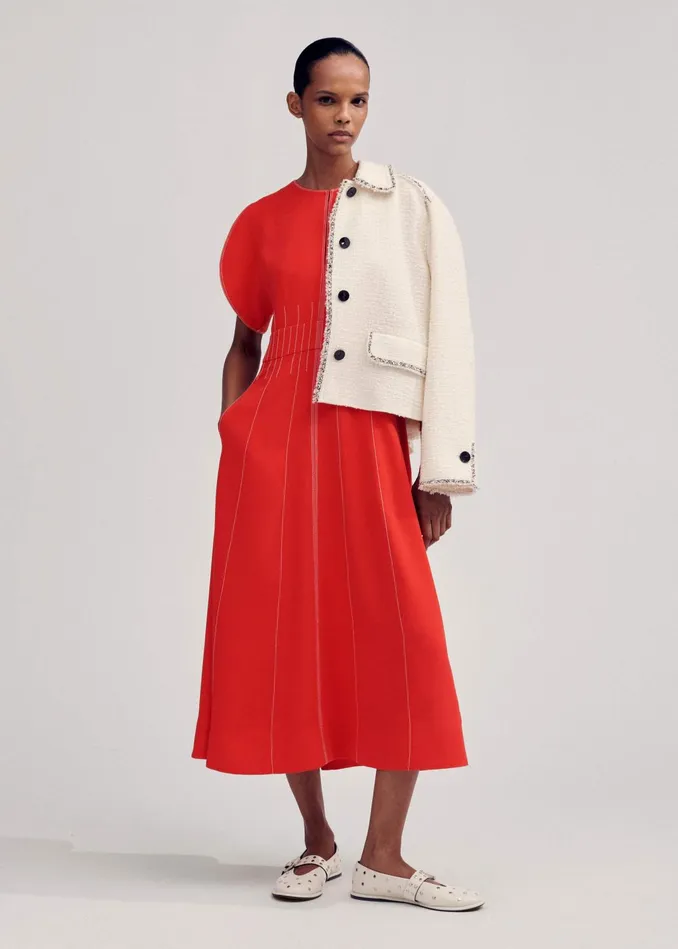 Women Contrast Stitch Midi Dress Poppy Redcream MEEM