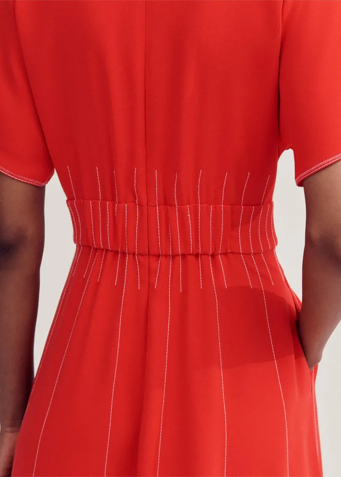 Women Contrast Stitch Midi Dress Poppy Redcream MEEM