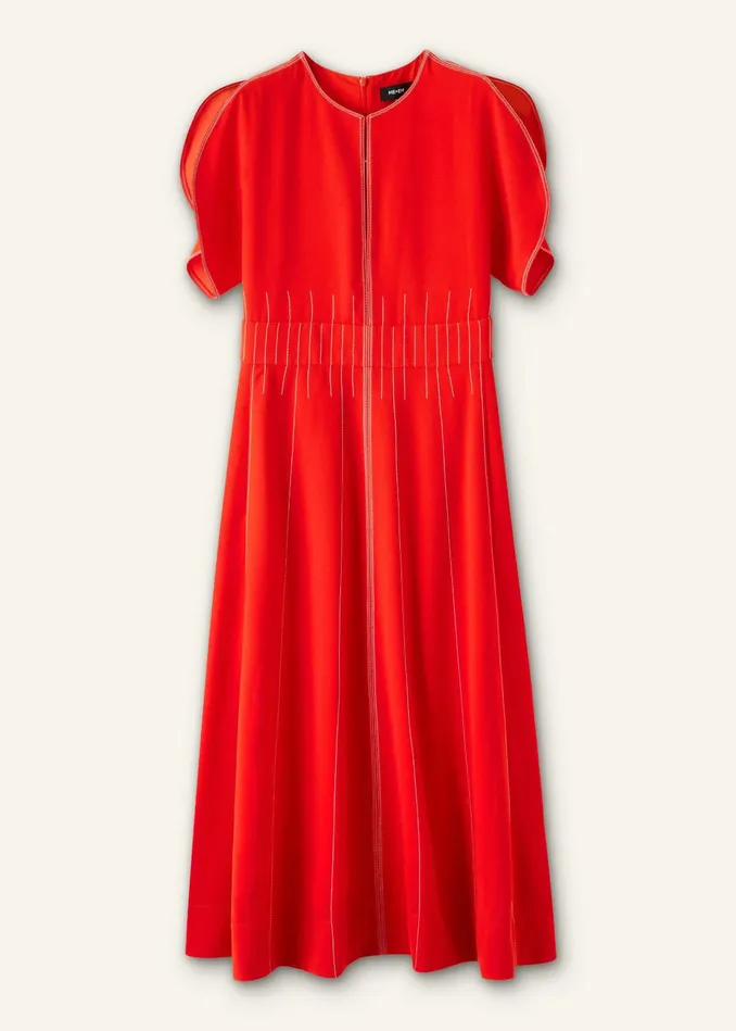 Women Contrast Stitch Midi Dress Poppy Redcream MEEM