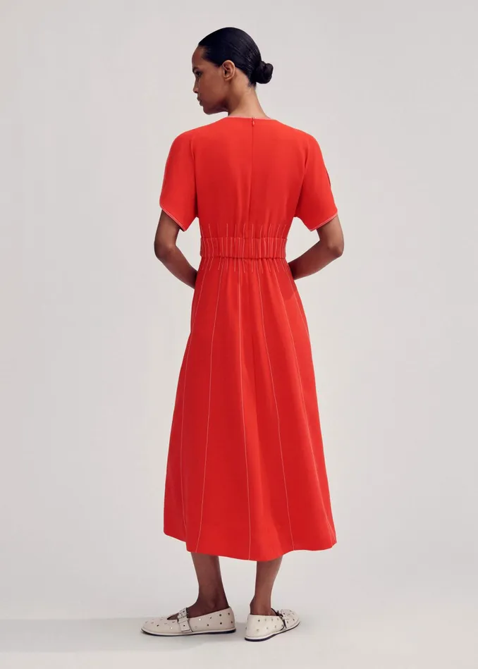 Women Contrast Stitch Midi Dress Poppy Redcream MEEM