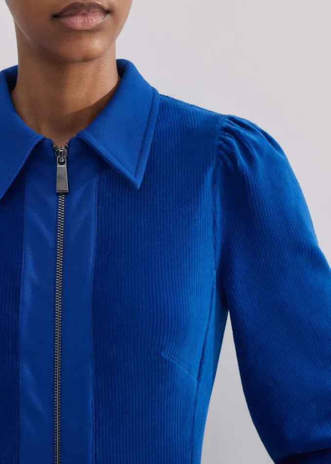 Women Cord Velour Ponte Midi Shirt Dress Deep Sapphire Blue MEEM