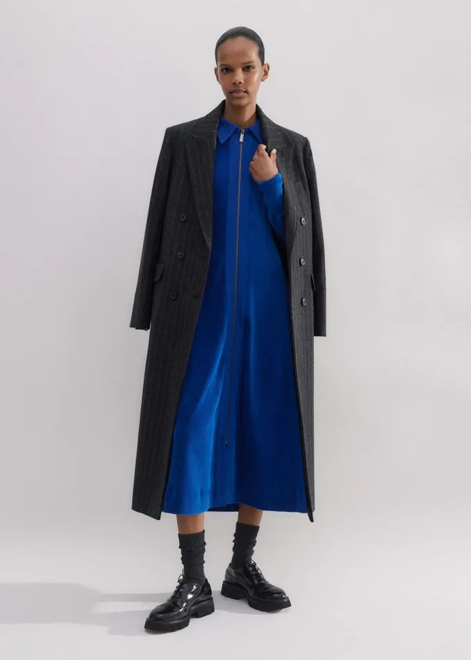 Women Cord Velour Ponte Midi Shirt Dress Deep Sapphire Blue MEEM