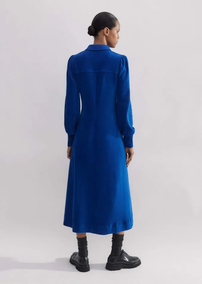 Women Cord Velour Ponte Midi Shirt Dress Deep Sapphire Blue MEEM