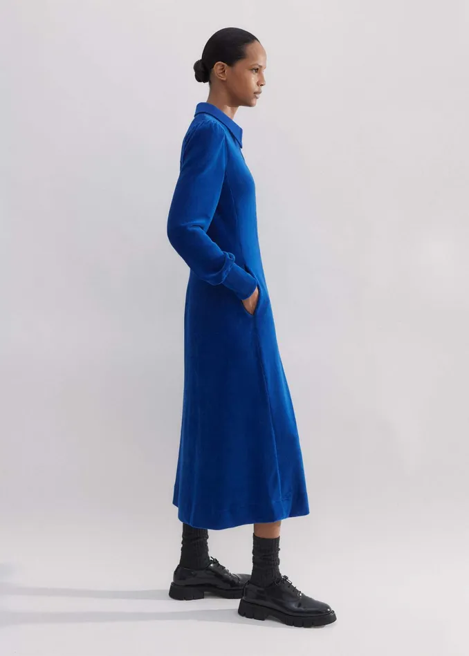 Women Cord Velour Ponte Midi Shirt Dress Deep Sapphire Blue MEEM