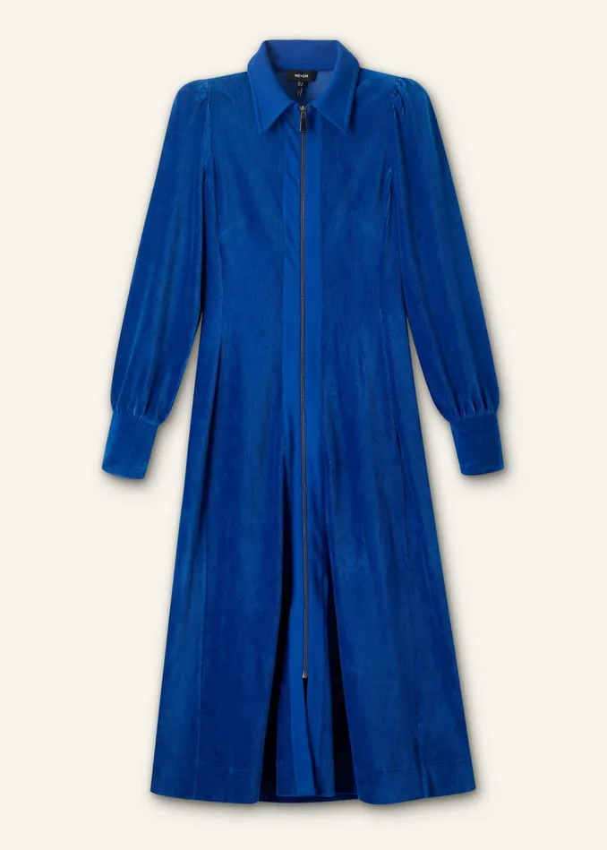Women Cord Velour Ponte Midi Shirt Dress Deep Sapphire Blue MEEM