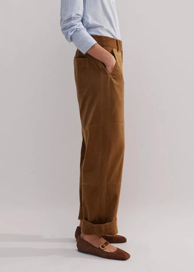 Women Corduroy Relaxed BarrelLeg Pant Caramel MEEM