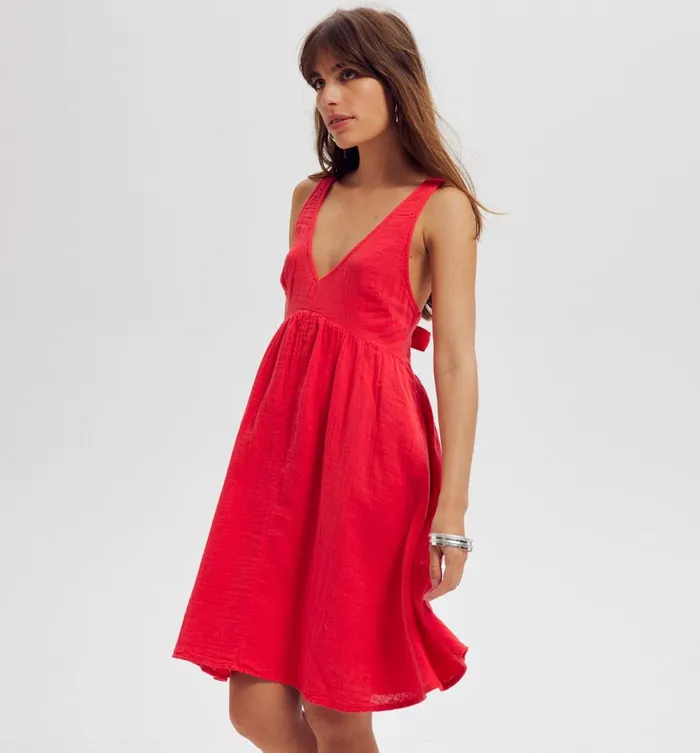 Women Cotton Gauze LowBack Dress 8211 Cherry Red Promod Dresses