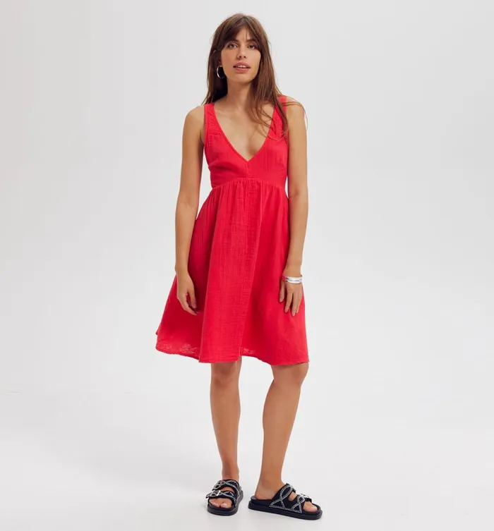 Women Cotton Gauze LowBack Dress 8211 Cherry Red Promod Dresses Women Cotton Gauze LowBack Dress 8211 Cherry Red Promod Dresses