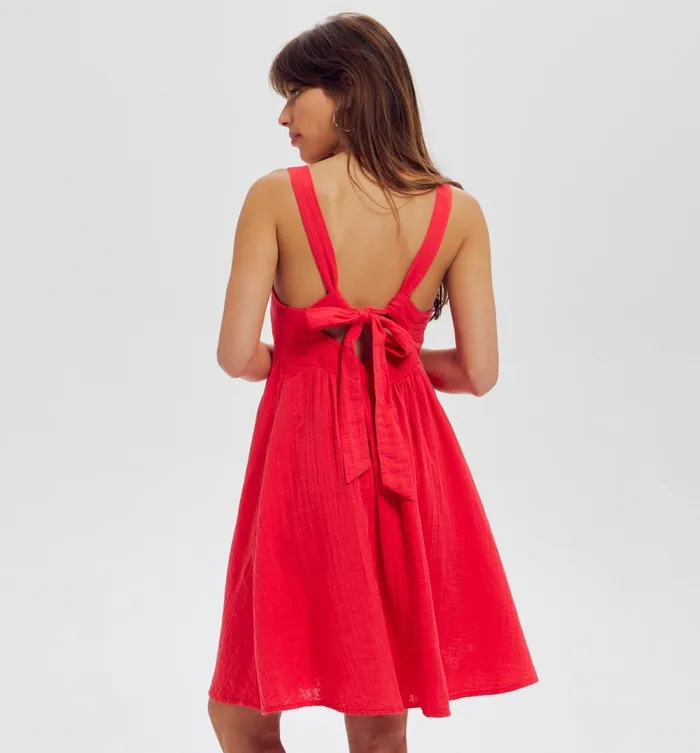 Women Cotton Gauze LowBack Dress 8211 Cherry Red Promod Dresses Women Cotton Gauze LowBack Dress 8211 Cherry Red Promod Dresses