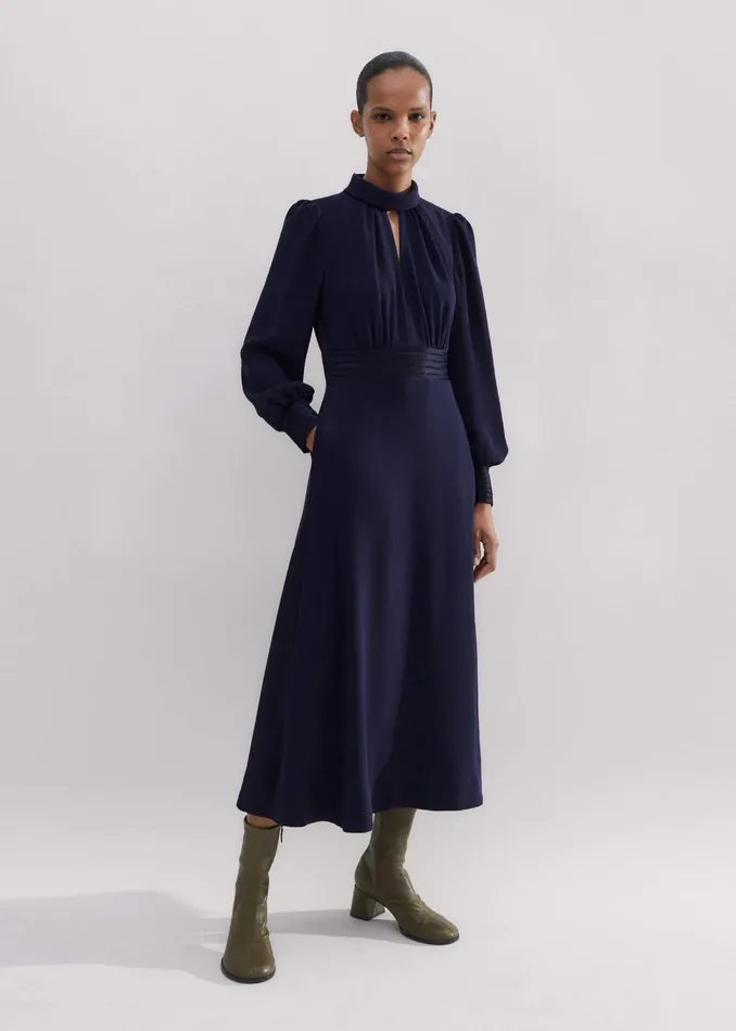 Women Crepe Ladder Trim Maxi Dress Navy MEEM